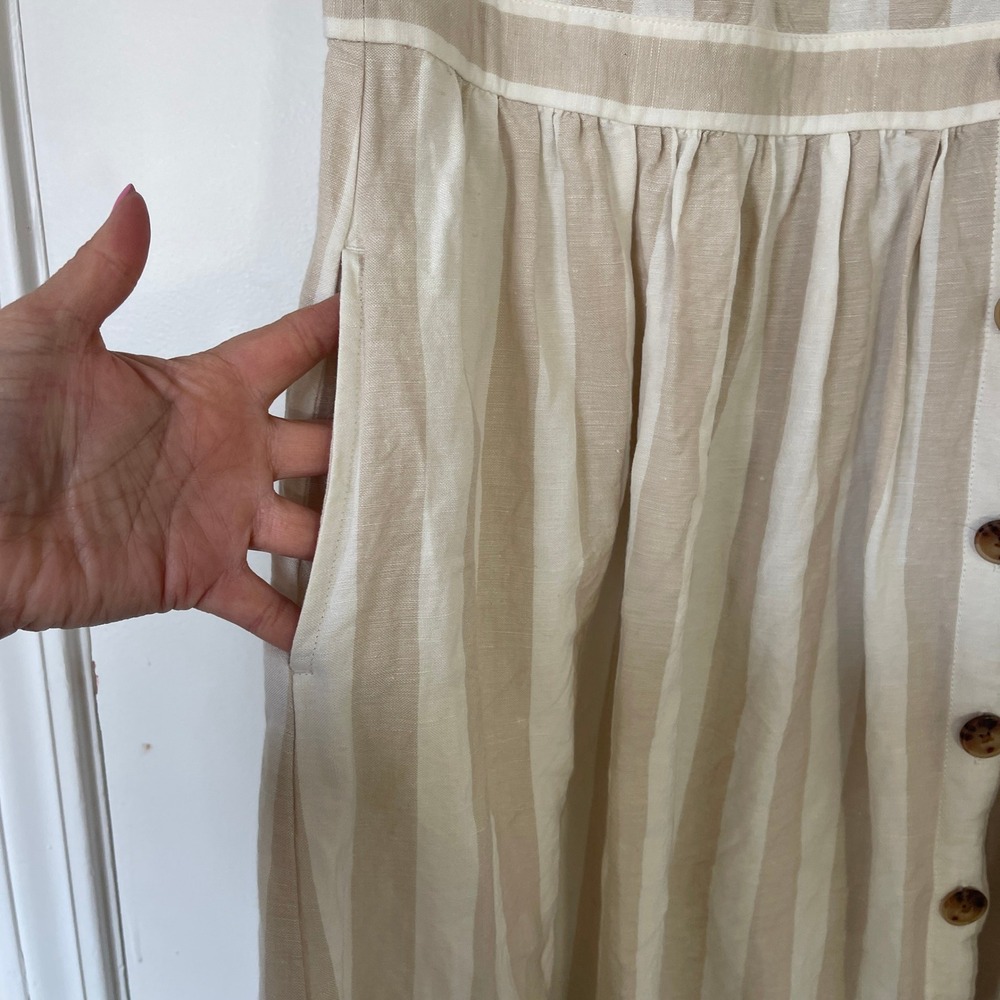 Loft Plus Tan White Coastal Striped Linen Blend ButtonFront Pocket Dress Size 18 - Picture 6 of 12